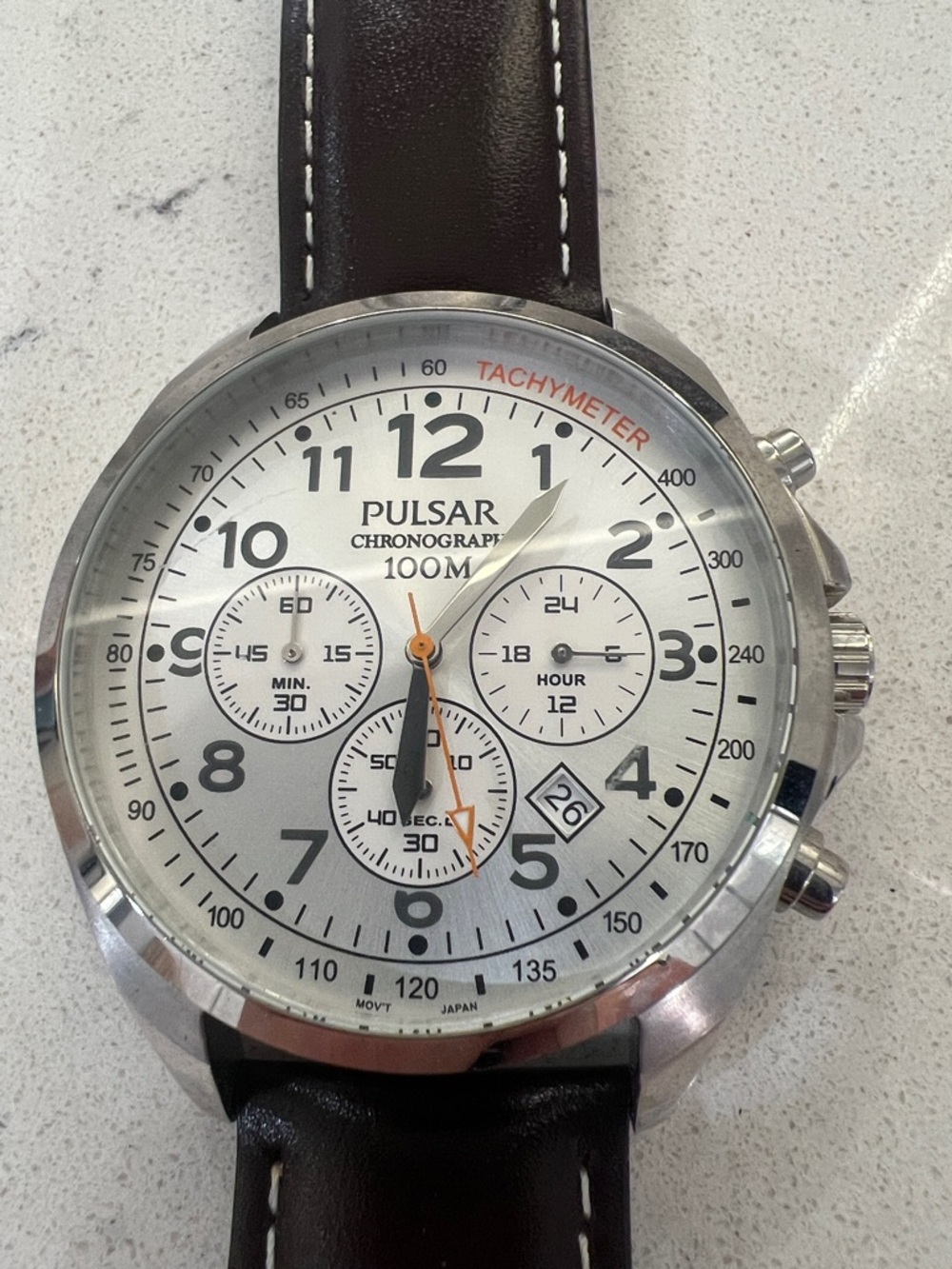 Pulsar Silver Dial Chronograph with Black Leather Strap and Orange Accents